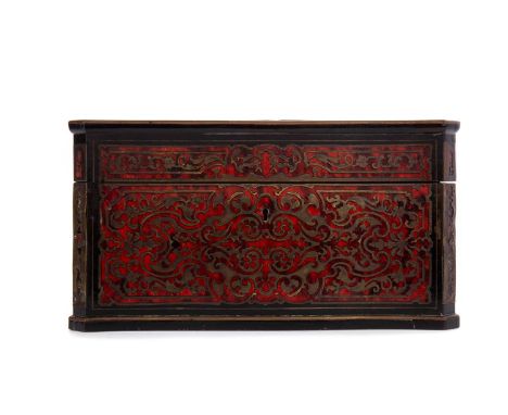 LATE 19TH CENTURY BOULLE TEA CADDY,of slightly serpentine outline, the hinged cover opening to reveal two canisters flanking 