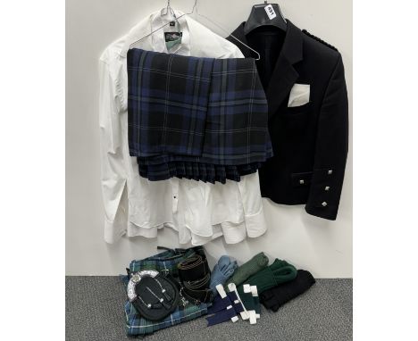 Two Scottish woolen kilts (Innes and Hay patterns) together with jacket, shirts, belts and kilt socks.