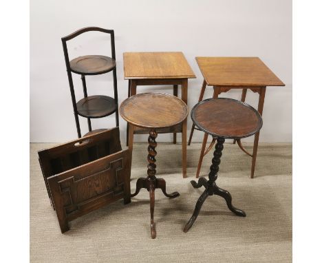 Two oak tripod side tables with two light oak side tables and an oak magazine rack and folding cake stand, largest 69 x 36 x 