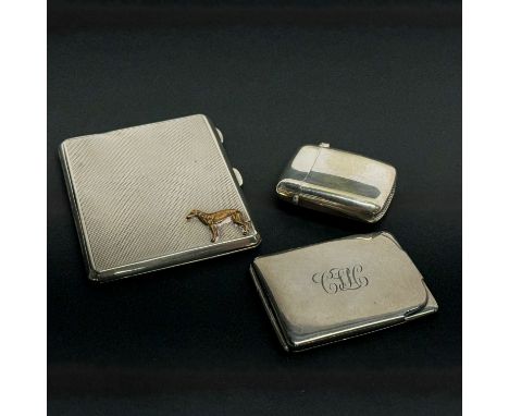 A group of three hallmarked silver cigarette and match cases, largest 8.5 x 7cm, gross weight approx. 113gr.&nbsp;