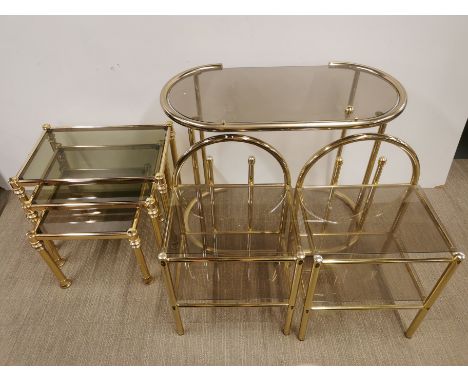 A brass and glass console table with a matching pair of bedside tables and a nest of three tables, largest 90 x 74 x 46cm.