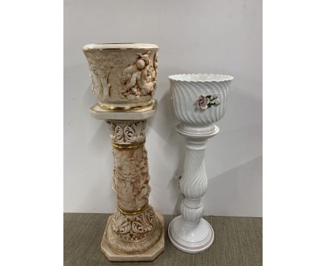 Two ceramic pedastal plant stands, tallest H. 96cm. Tallest A/F to base.