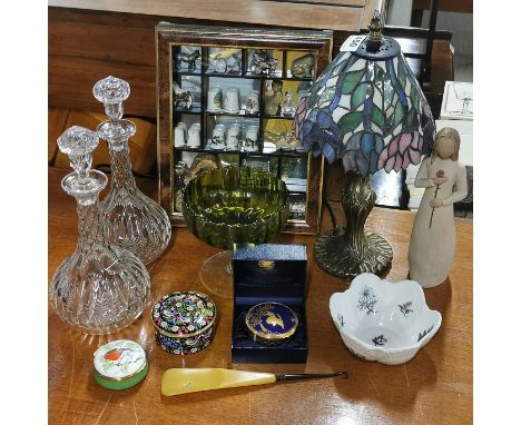 A Tiffany style table lamp with a cabinet of miniature items, etc.