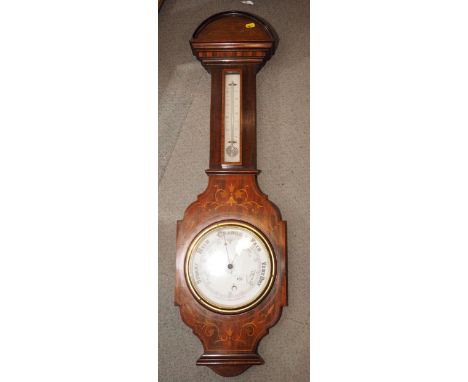 An Edwardian mahogany and inlaid aneroid barometer and thermometer&nbsp;38 1/2"h x 11"w
