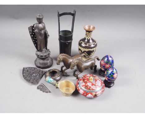 A Chinese cloisonne vase with dragon and flaming pearl decoration, 6 3/4" high, a pair of cast metal model horses and other i