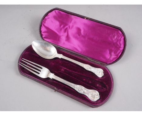 A silver part christening set, comprising spoon and fork (lacking knife), in fitted box, 3.6oz troy approx 