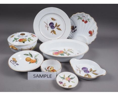 Eight Royal Worcester "Evesham" pattern dinner plates, three similar tureens and assorted dishes, etc 