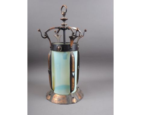 An Arts & Crafts anodised copper lantern with vaseline glass shade, 21 1/2" highCondition:There's wear to the frame of the la