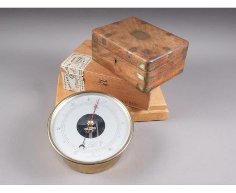 A mahogany and brass mounted jewellery box, 7" wide, two cigar boxes and a late 20th century Philip Harris brass cased barome