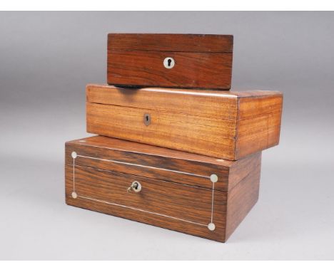 A rosewood jewellery box, inset mother-of-pearl, 7" wide, a larger similar jewellery box and another similar box 