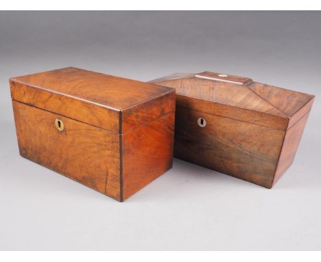 A mahogany sarcophagus two-section tea caddy, 10 1/2" wide, and a similar single-section tea caddy 