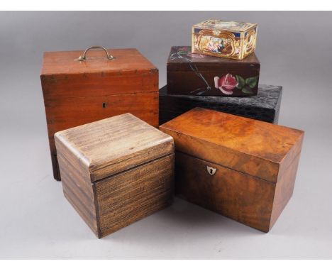 A mahogany tea caddy, 9" wide, another similar, a jewellery box with painted flower decoration, another faux skin jewellery b