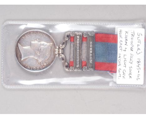 A Victorian India Sutlej medal with Sobrion and Ferozeshuhur bars, awarded to Trooper Ally Sher Khan 4th Light Cavalry