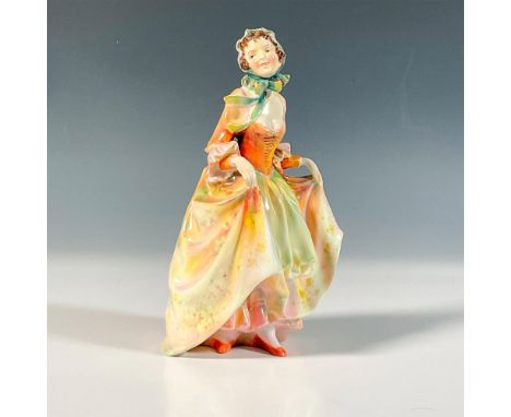 Leslie Harradine Glazed bone china colorway figure of young lady in a green, yellow and orange dress, green bonnet, holding h