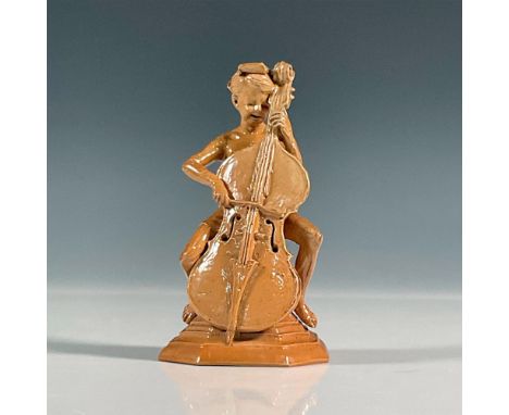 Stoneware salt glazed figure of Merry Musicians series. Modeled as a boy playing the cello seated on a tapering plinth. Incis