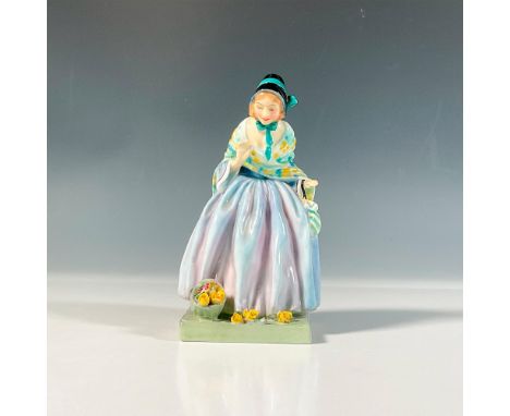 Leslie Harradine glazed bone china figure of lady in a blue dress, yellow flowers and blue shawl, black bonnet, leaning forwa