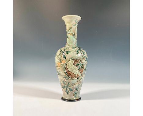 A sage-green glossy pigment brush-line vase, beautifully decorated in an Art Nouveau style. Molded relief of a bird surrounde