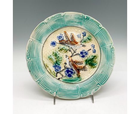 Straw design edge in light green with center panel of birds, branches and flowers. Mark on back. Dimensions: 0.75"H x 8.25" d