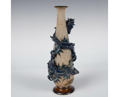 Attributed to Mark V. Marshall. A tapering form vase beautifully decorated with white tube lined floriate and incised acanthu