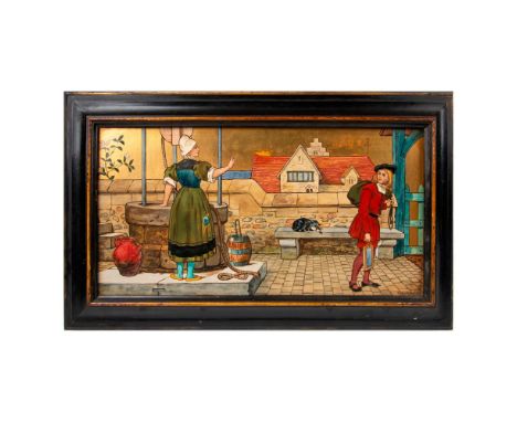 Titled The Whining Schoolboy, from a rare series, The Seven Ages of Man. Ceramic hand painted panel, decorated over glaze in 