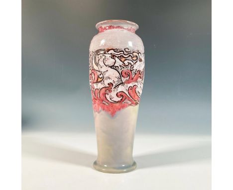 A stunning hand painted glossy Doulton Ware vase in a rosewood-pink and gray pigment brush-line. The piece features a beautif