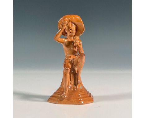 Stoneware salt glazed figure of Merry Musicians series. Modeled as a boy seated on a tapering plinth playing ringing handbell