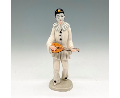 This hand painted figureÂ&nbsp;playing a stringed instrument is dressed in black beany cap, flounced shirt with ruffled colla