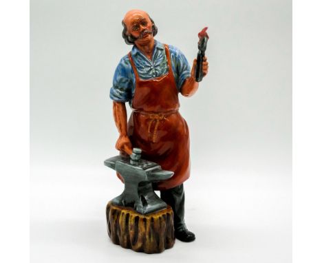 Porcelain blacksmith over an anvil, holding a hammer and tongs. Wearing a blue shirt and a khakis apron.Royal Doulton backsta