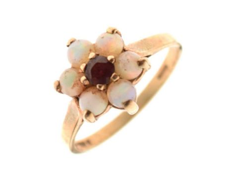 9-carat gold red stone and opal cluster ring, 2.4g gross approx