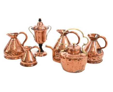 Quantity of Victorian copper to include measuring jugs, kettle, etc., 40cm high and smaller