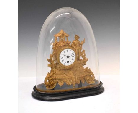 Late 19th Century French gilt spelter figural mantel clock with single-train timepiece movement, beneath intact glass dome on