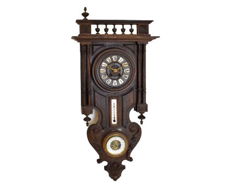 Early 20th Century French carved fruitwood combination wall clock with cellular Roman dial over ethanol Centigrade thermomete