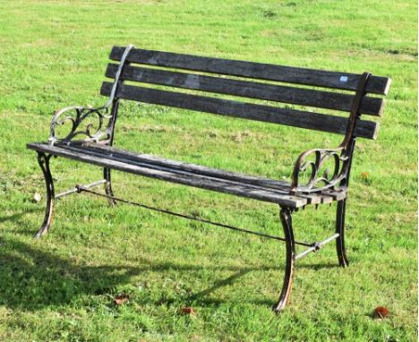 Metal framed teak garden bench, 152cm wide