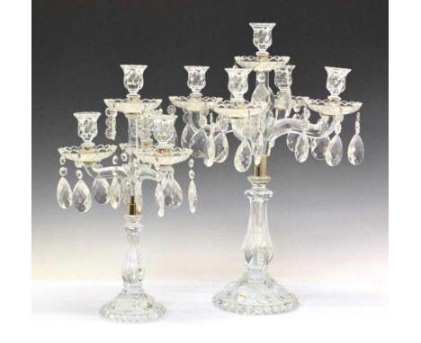 Two large glass candelabra, of three and four-branch design (four and five light), 60cm high and smaller