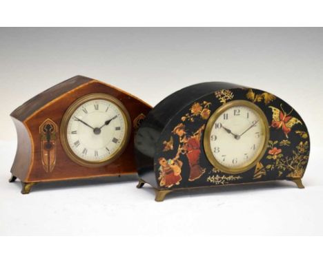 Early 20th Century chinoiserie mantel clock with black lacquered decoration and 8-day movement, 23.5cm wide x 14.5cm high, an