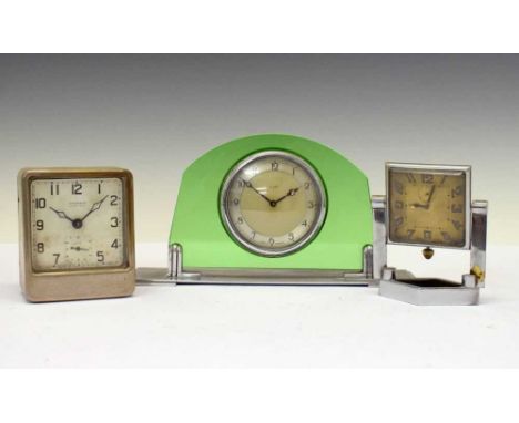 Three Art Deco mantel clocks the first with green glass surround, 27.5cm wide x 14.5cm high, together with an Ansonia example