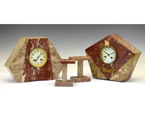French Art Deco rouge marble mantel clock garniture with Samuel Marti &amp; Cie outside countwheel-striking movement (no bell
