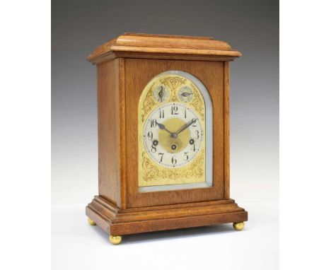 Early 20th Century German oak-cased bracket clock with silvered Arabic dial and subsidary Chime / Silent and Slow / Fast ring