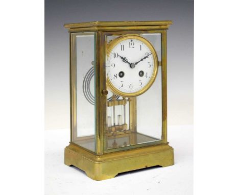 French four-glass mantel clock, circa 1900 with blued steel coiled gong and two-jar mercury pendulum, 25cm high