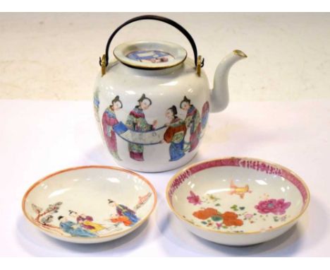 Chinese Canton famille rose teapot or wine pot, together with two saucers, 11cm high and smaller