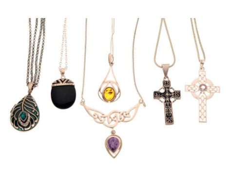 Small quantity of pendants including two Celtic crosses, three various gem set pendants, and an enamel decorated locket, all 