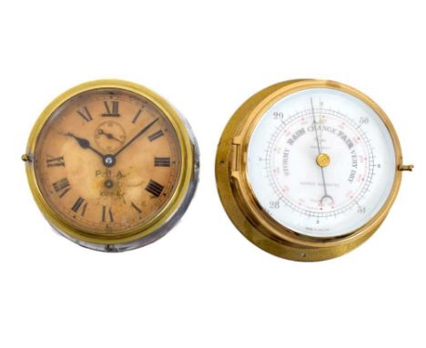 Ship's bulkhead-style wall clock with Roman dial inscribed 'P.B.A. Kemp', 17cm bezel diameter, and a later barometer of simil