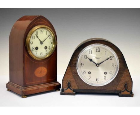 Inlaid lancet mantel clock having Arabic dial (29cm high), together with a Munsey &amp; Co. Ltd, Cambridge oak cased mantel c