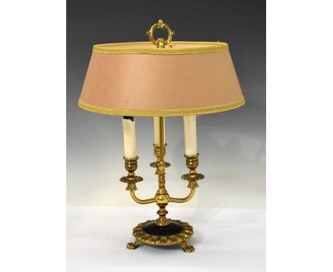 Gilt metal three-branch table lamp, with pink shade, 46cm high 