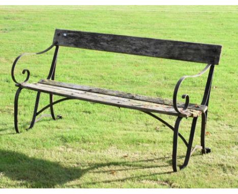 Wrought iron-framed teak garden bench, early 20th Century, 126cm wide