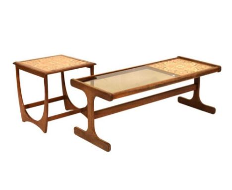 G-Plan tile and glass top coffee table (121cm x 49cm x 47cm high), together with a tile top occasional table (49.5cm x 50cm h