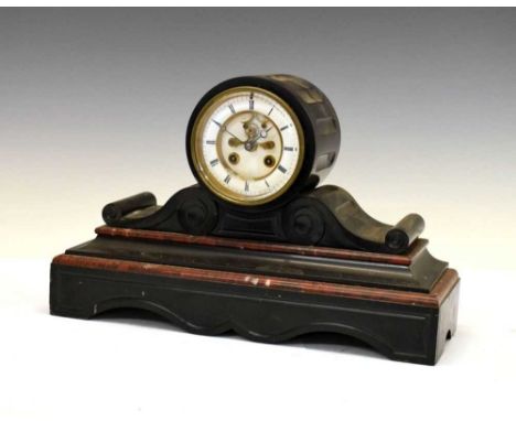 Late 19th Century French black slate and rouge marble drumhead mantel clock with partial exposed Brocot escapement, 40cm wide