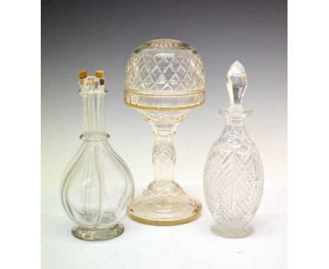 Cut glass lamp and decanter, together with a four-division liqueur decanter, 34cm high and smaller