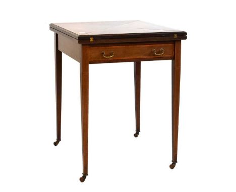 Edwardian mahogany and satinwood inlaid envelope card table, 56cm square x 74cm high