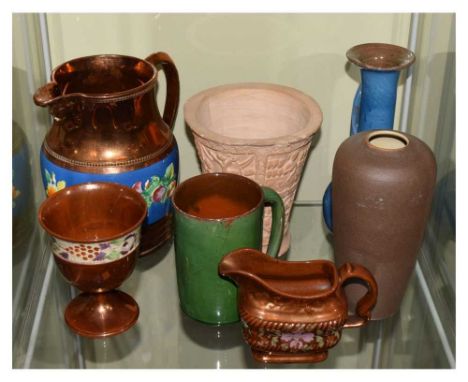 Assorted ceramics to include Brannam (Barnstaple) vase and mug, together with copper lustre items, studio pottery vase etc.